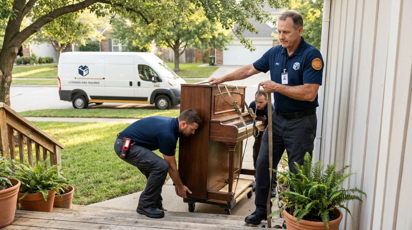 Licensed piano movers securing grand piano in Glen Carbon, IL