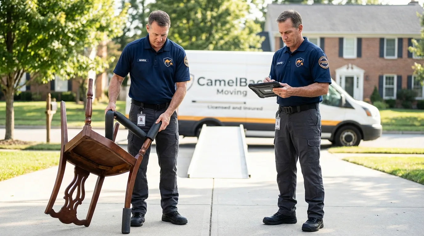 Movers inspecting furniture for damage prevention before loading in Glen Carbon, IL