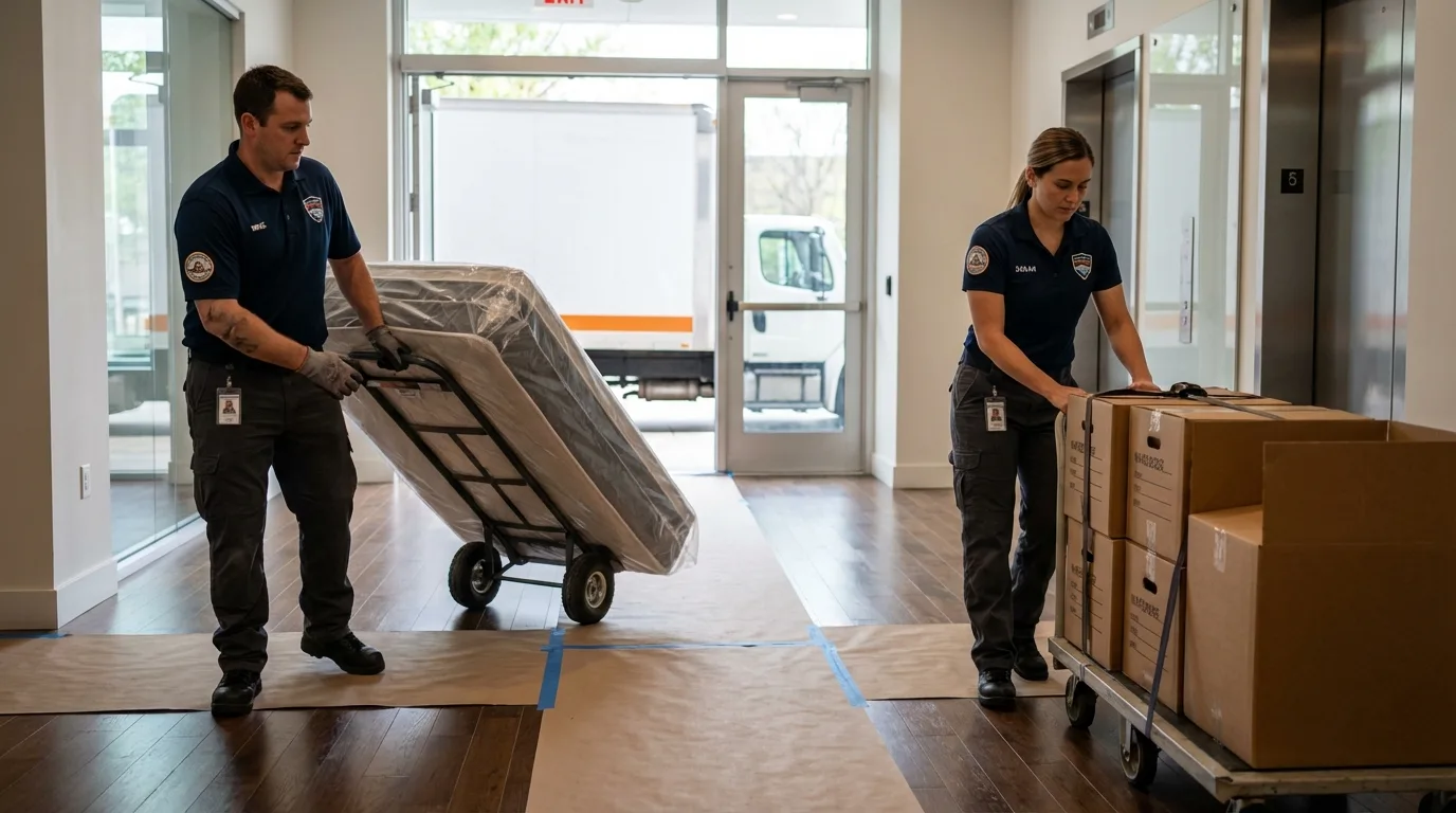 Professional apartment movers loading elevator in Glen Carbon, IL
