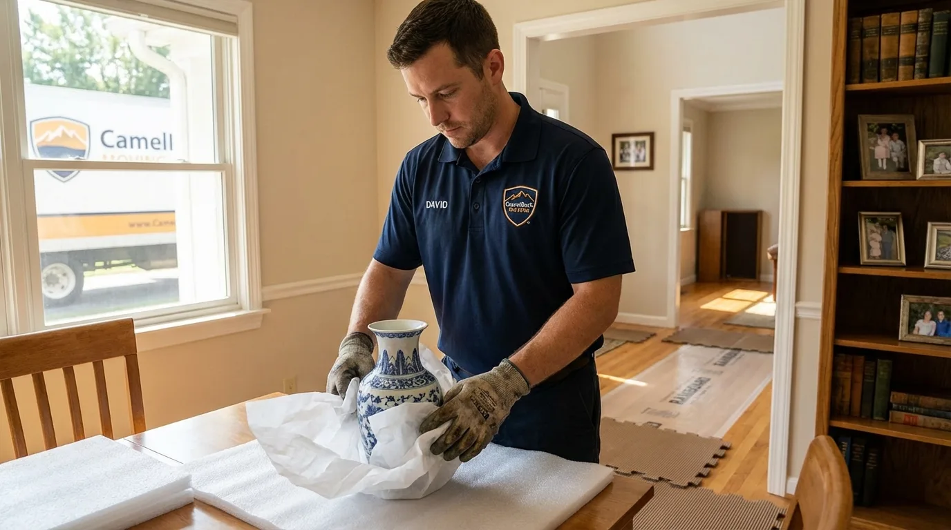 Professional crew carefully wrapping antique vase for senior downsizing move in Glen Carbon, IL